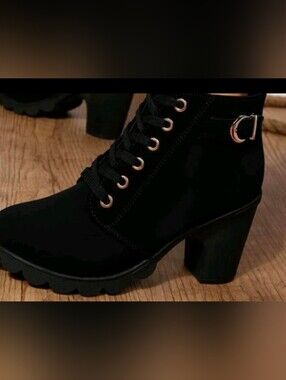 Women's Black Lace-Up Chunky Heel Ankle Boots with Buckle